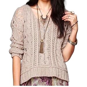 Free People Chunky Fluff Cable Open Knit Wool Blend Slouchy Sweater Gray Size L
